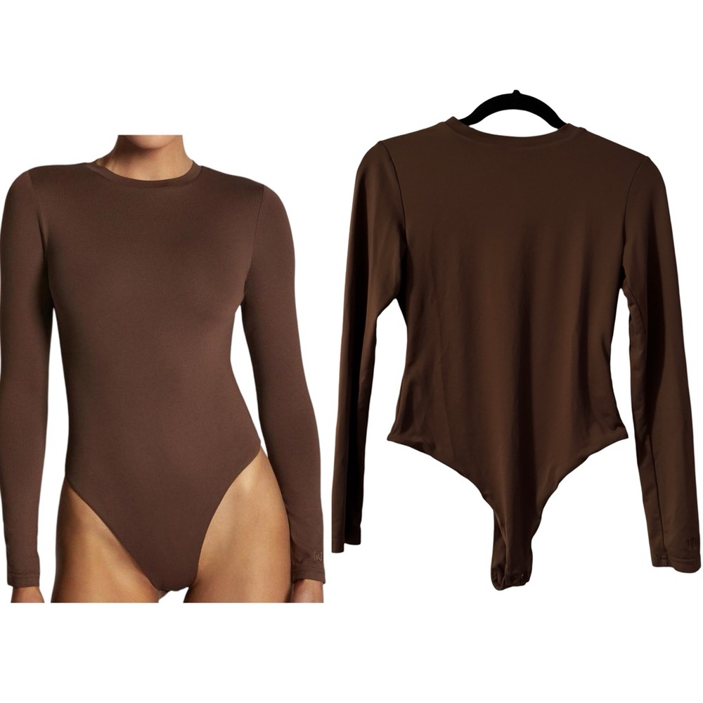 Meshki Chocolate Brown Bodysuit Delilah Long Sleeve Crew Neck Women’s Size Med.